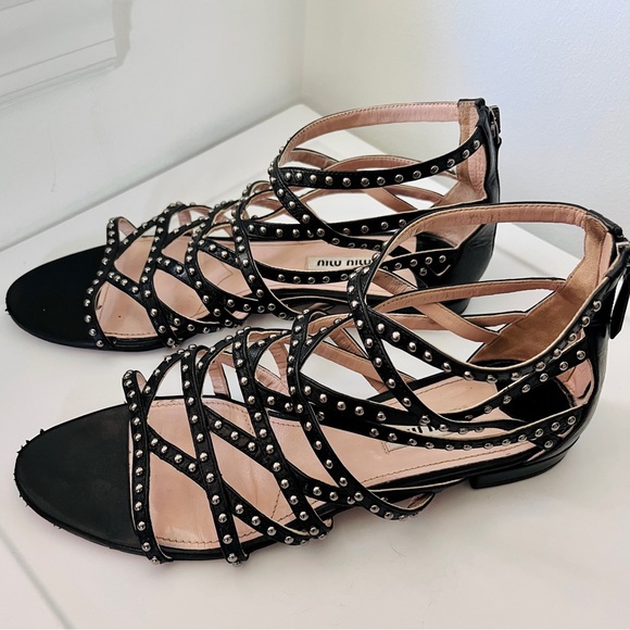 Miu Miu Black Leather Studded Gladiator Flat Sandals - Picture 5 of 12